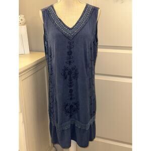 Option A Size 14-16 Blue Dress with Embroidered Detail Ties in Back EUC
